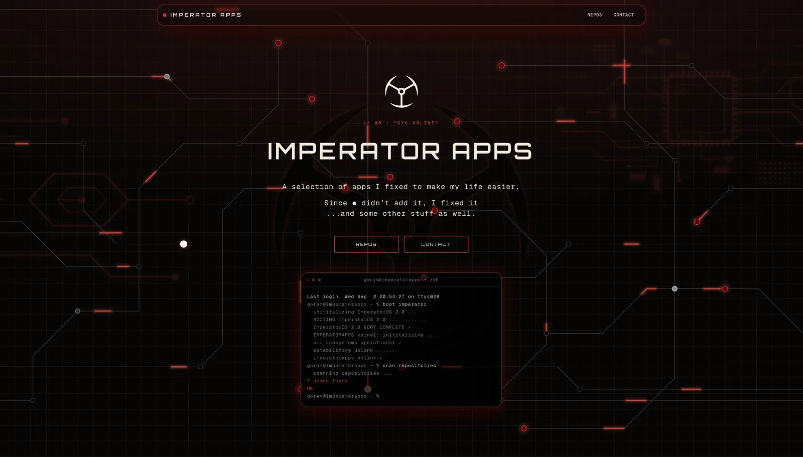 The ImperatorApps home page: a dark circuit-board hero behind the Imperator sigil, with a terminal panel below it.